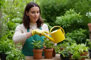 Mujer eligiendo plantas de una selección de contenedores mientras sostiene un artículo para equilibrarlos. También demuestra el cuidado adecuado de plantas con guantes encendidos y un riego puede apuntar hacia las plantas. Esto se establece en un fondo de hojas verdes floreciendo en ollas pequeñas. La descripción podría ampliarse en un artículo más detallado