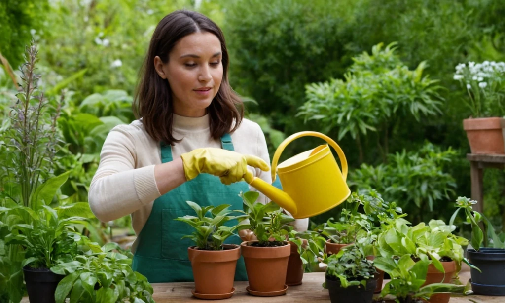 Mujer eligiendo plantas de una selección de contenedores mientras sostiene un artículo para equilibrarlos. También demuestra el cuidado adecuado de plantas con guantes encendidos y un riego puede apuntar hacia las plantas. Esto se establece en un fondo de hojas verdes floreciendo en ollas pequeñas. La descripción podría ampliarse en un artículo más detallado