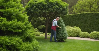 Un entusiasta del jardín tiende a un árbol siempreverde con hiedra