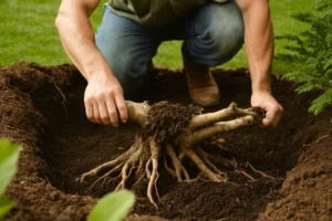 jardinero de habla hispana colocando manualmente las raíces de los árboles en su lugar sin derramar hojas o marchitar. Las palabras se arreglan fonéticamente para la sencillez y la claridad.