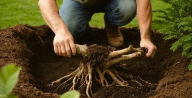 jardinero de habla hispana colocando manualmente las raíces de los árboles en su lugar sin derramar hojas o marchitar. Las palabras se arreglan fonéticamente para la sencillez y la claridad.