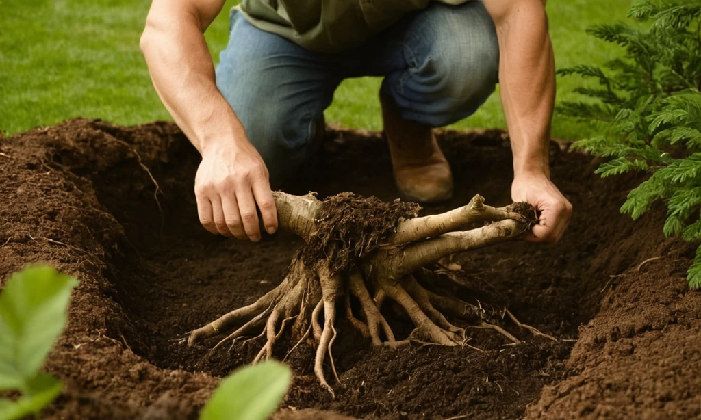 jardinero de habla hispana colocando manualmente las raíces de los árboles en su lugar sin derramar hojas o marchitar. Las palabras se arreglan fonéticamente para la sencillez y la claridad.